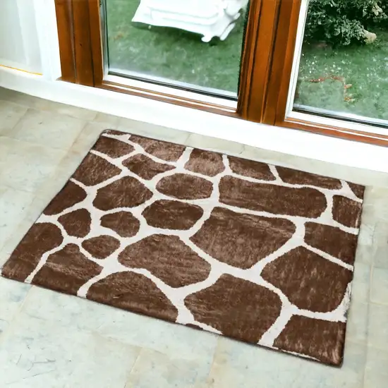 Brown and Ivory Animal Print Handmade Non Skid Area Rug Photo 2