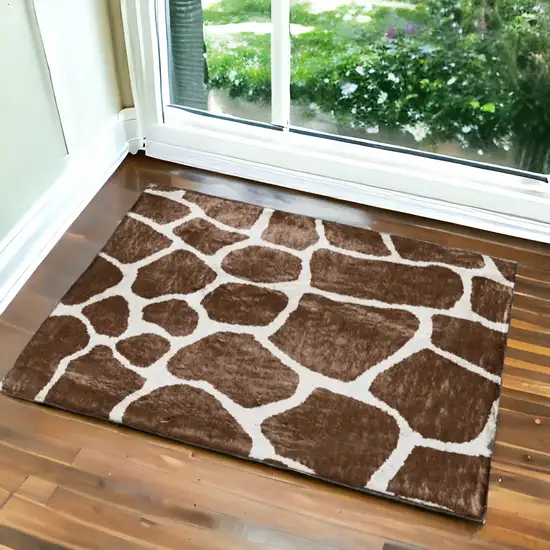 Brown and Ivory Animal Print Handmade Non Skid Area Rug Photo 1