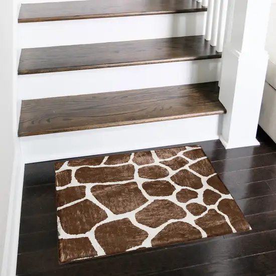 Brown and Ivory Animal Print Handmade Non Skid Area Rug Photo 6