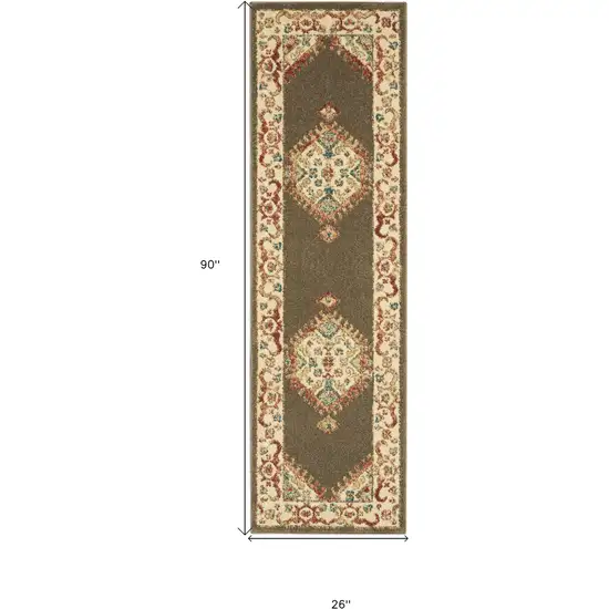 Brown and Ivory Floral Medallion Power Loom Distressed Runner Rug Photo 3