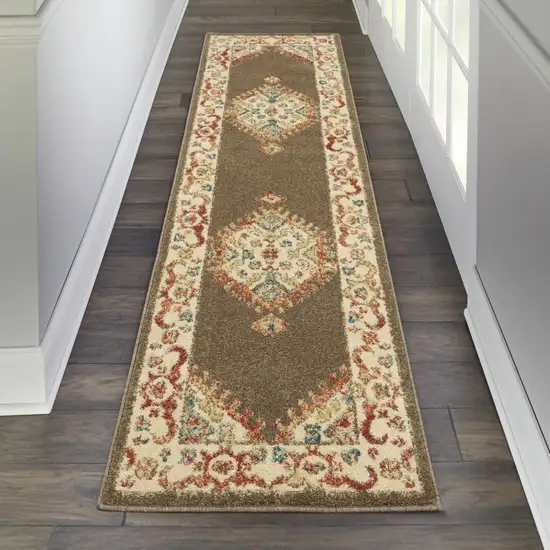 Brown and Ivory Floral Medallion Power Loom Distressed Runner Rug Photo 8