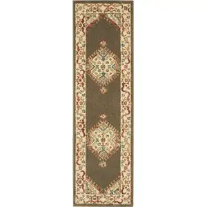 Photo of Brown and Ivory Floral Medallion Power Loom Distressed Runner Rug