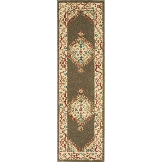 Brown and Ivory Floral Medallion Power Loom Distressed Runner Rug Photo 2