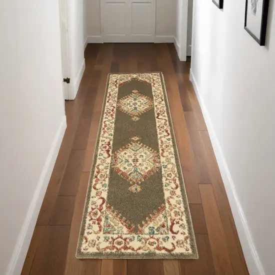 Brown and Ivory Floral Medallion Power Loom Distressed Runner Rug Photo 1