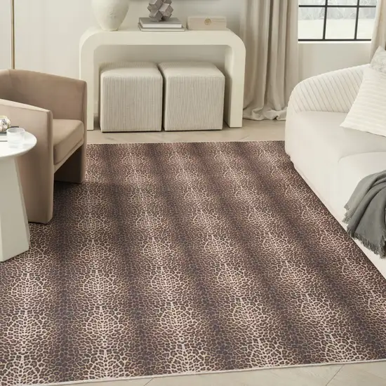 Brown and Ivory Leopard Print Power Loom Washable Non Skid Area Rug Photo 5