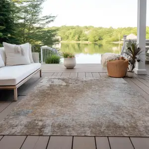 Photo of Brown and Off White Abstract Washable Non Skid Indoor Outdoor Area Rug