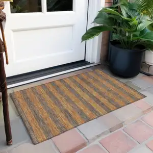 Photo of Brown and Tan Striped Washable Non Skid Indoor Outdoor Area Rug