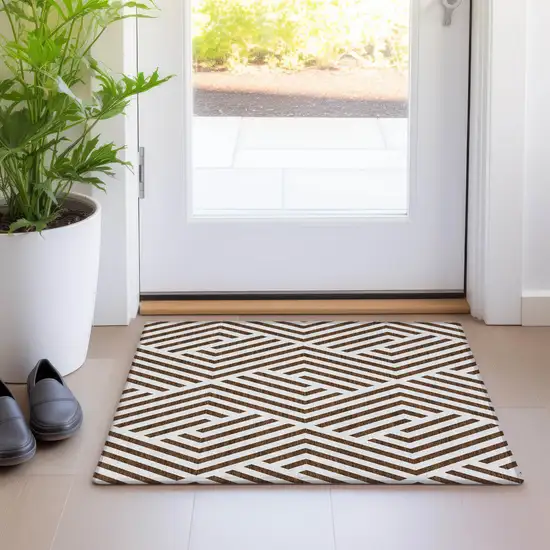 Brown and White Geometric Washable Non Skid Indoor Outdoor Area Rug Photo 7