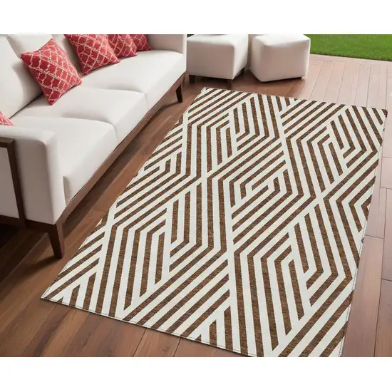 Brown and White Geometric Washable Non Skid Indoor Outdoor Area Rug Photo 1