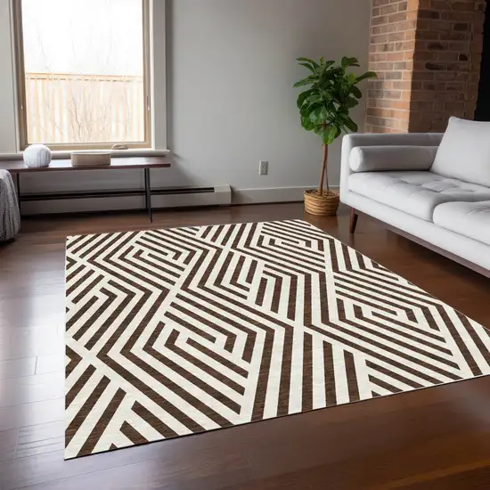 Brown and White Geometric Washable Non Skid Indoor Outdoor Area Rug Photo 9