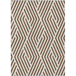 Photo of Brown and White Geometric Washable Non Skid Indoor Outdoor Area Rug