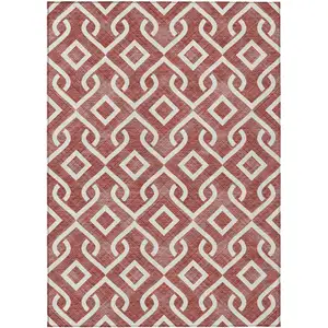 Photo of Burgundy And Ivory Geometric Washable Indoor Outdoor Area Rug