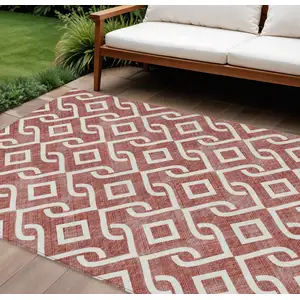 Photo of Burgundy And Ivory Geometric Washable Indoor Outdoor Area Rug