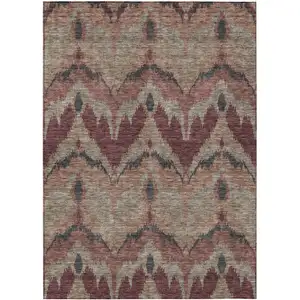 Photo of Burgundy Beige And Charcoal Ikat Washable Indoor Outdoor Area Rug