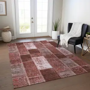 Photo of Burgundy Merlot And Blush Patchwork Washable Indoor Outdoor Area Rug