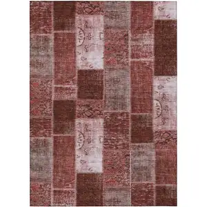 Photo of Burgundy Merlot And Blush Patchwork Washable Indoor Outdoor Area Rug