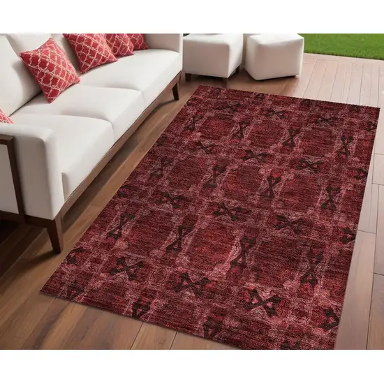 Burgundy and Black Floral Medallion Washable Non Skid Indoor Outdoor Area Rug Photo 1