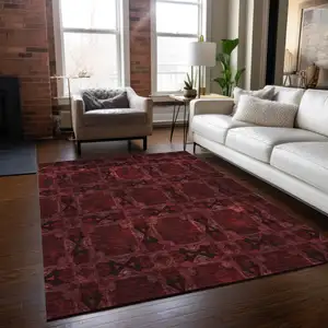 Photo of Burgundy and Black Floral Medallion Washable Non Skid Indoor Outdoor Area Rug