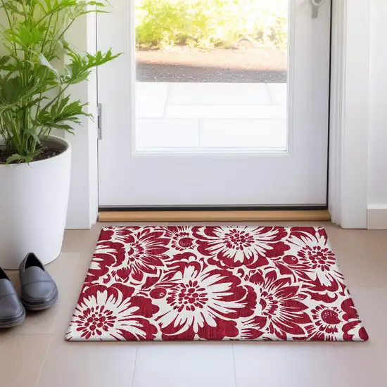 Burgundy and White Floral Washable Non Skid Indoor Outdoor Area Rug Photo 9