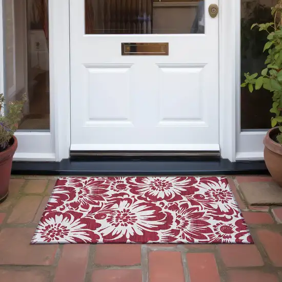 Burgundy and White Floral Washable Non Skid Indoor Outdoor Area Rug Photo 8