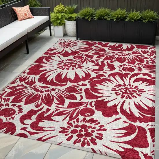 Burgundy and White Floral Washable Non Skid Indoor Outdoor Area Rug Photo 1