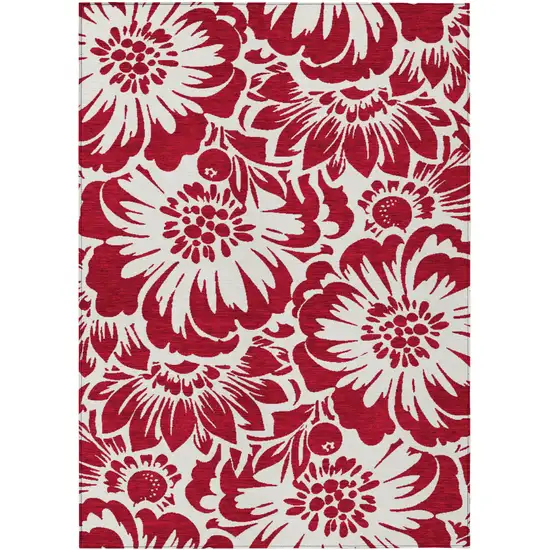 Burgundy and White Floral Washable Non Skid Indoor Outdoor Area Rug Photo 2