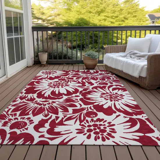 Burgundy and White Floral Washable Non Skid Indoor Outdoor Area Rug Photo 8