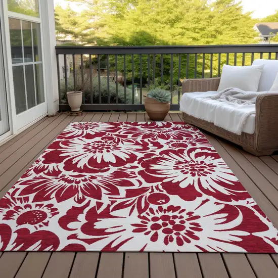 Burgundy and White Floral Washable Non Skid Indoor Outdoor Area Rug Photo 8