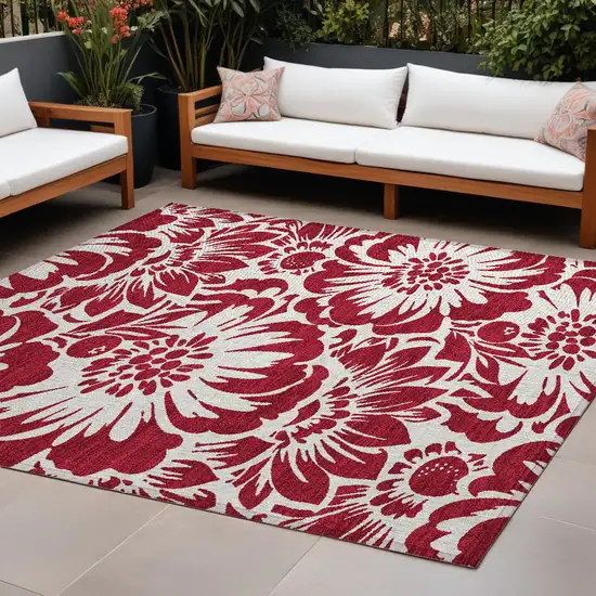 Burgundy and White Floral Washable Non Skid Indoor Outdoor Area Rug Photo 1