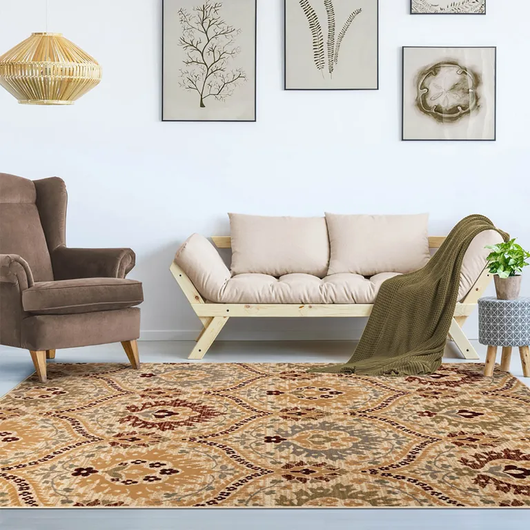 Camel Gray And Rust Floral Stain Resistant Area Rug Photo 2