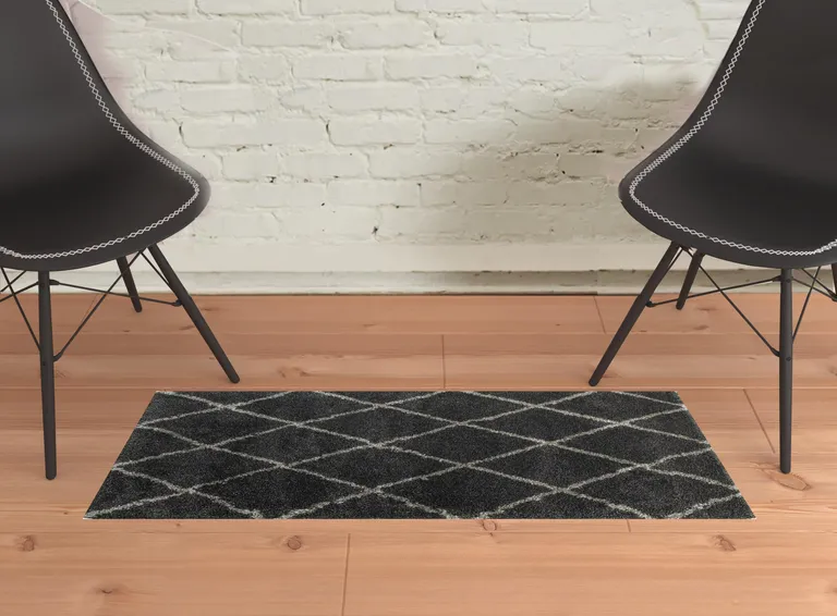 Charcoal And Grey Geometric Shag Power Loom Stain Resistant Area Rug Photo 2