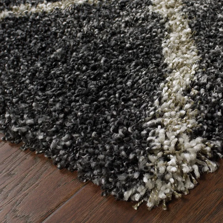 Charcoal And Grey Geometric Shag Power Loom Stain Resistant Runner Rug Photo 3