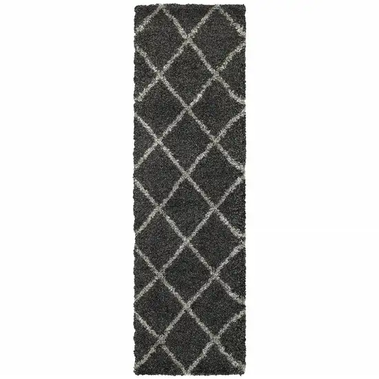 Charcoal And Grey Geometric Shag Power Loom Stain Resistant Runner Rug Photo 1