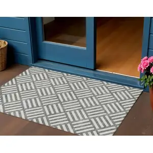 Photo of Charcoal And Ivory Geometric Washable Indoor Outdoor Area Rug