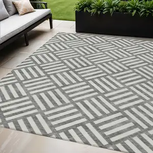 Photo of Charcoal And Ivory Geometric Washable Indoor Outdoor Area Rug