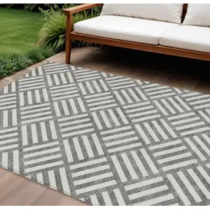 Photo of Charcoal And Ivory Geometric Washable Indoor Outdoor Area Rug