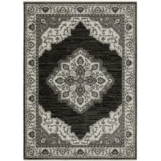 Charcoal And Ivory Medallion Area Rug With Fringe Photo 2