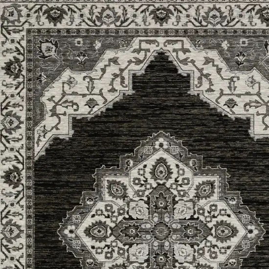 Charcoal And Ivory Medallion Area Rug With Fringe Photo 9