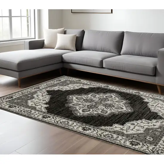 Charcoal And Ivory Medallion Area Rug With Fringe Photo 1