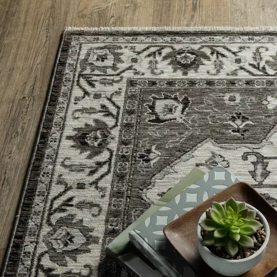 Charcoal And Ivory Medallion Area Rug With Fringe Photo 6