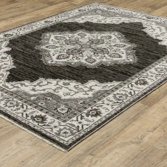 Charcoal And Ivory Medallion Area Rug With Fringe Photo 5