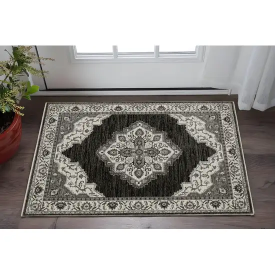 Charcoal And Ivory Medallion Area Rug With Fringe Photo 1