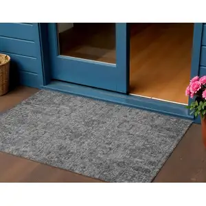 Photo of Charcoal And Silver Floral Washable Indoor Outdoor Area Rug