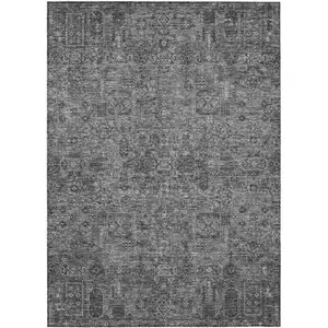 Photo of Charcoal And Silver Floral Washable Indoor Outdoor Area Rug