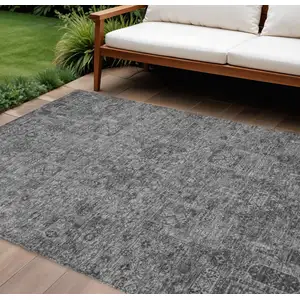 Photo of Charcoal And Silver Floral Washable Indoor Outdoor Area Rug