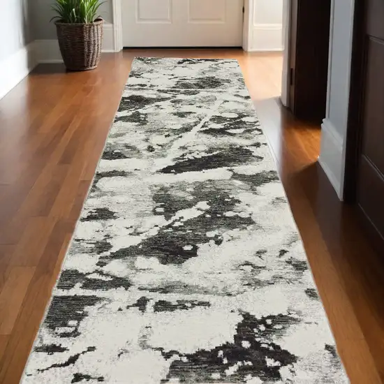 12' Runner Charcoal and White Abstract Power Loom Runner Rug Photo 1