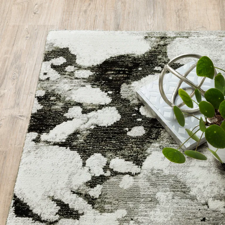 Charcoal And White Abstract Power Loom Stain Resistant Runner Rug Photo 5