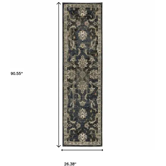 Charcoal Blue Gold Rust And Beige Oriental Power Loom Stain Resistant Runner Rug Photo 10