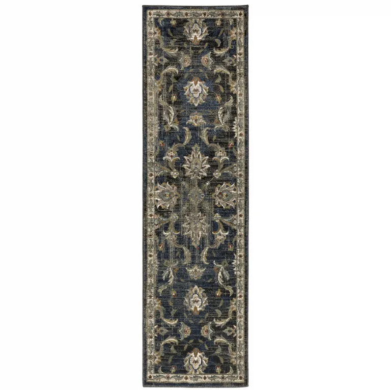 Charcoal Blue Gold Rust And Beige Oriental Power Loom Stain Resistant Runner Rug Photo 1