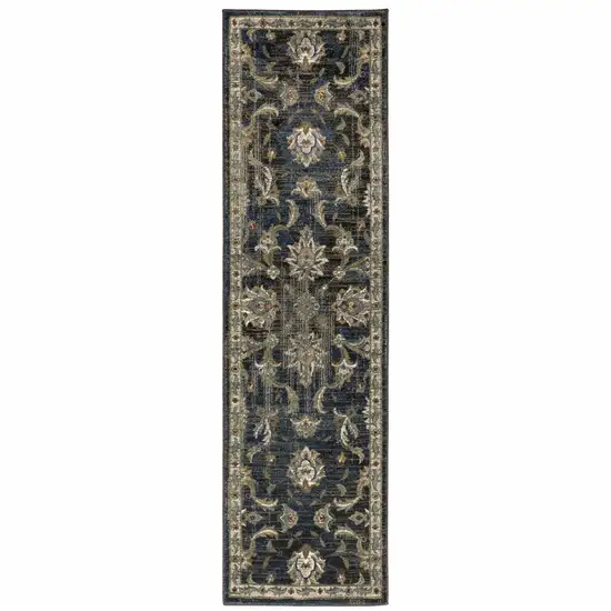 Charcoal Blue Gold Rust And Beige Oriental Power Loom Stain Resistant Runner Rug Photo 1